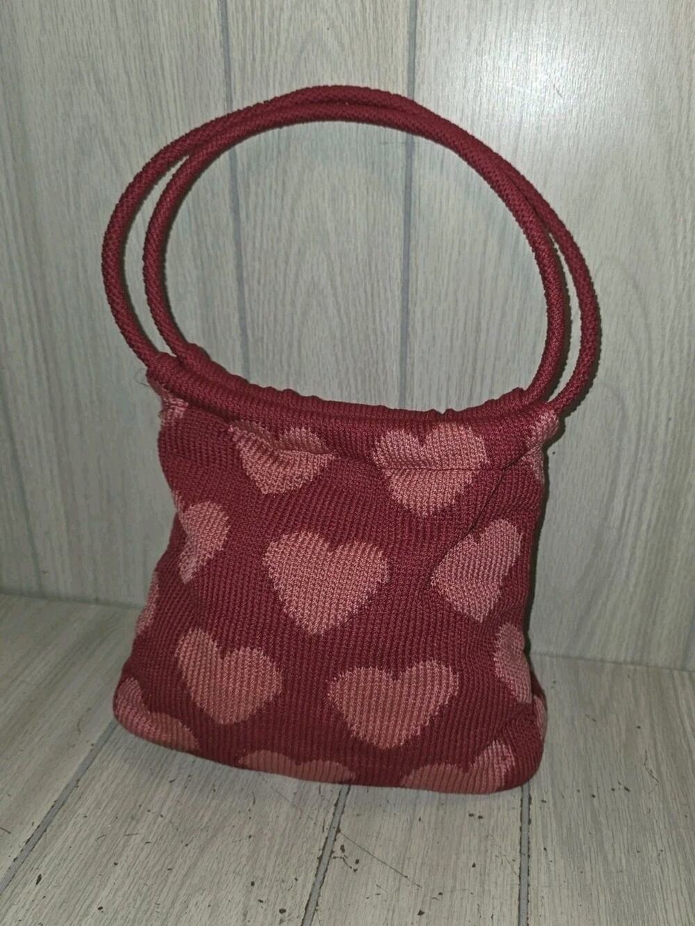 The Sak Crocheted Heart Tote Bag Handbag Purse Love Red/Pink Snap Valentines